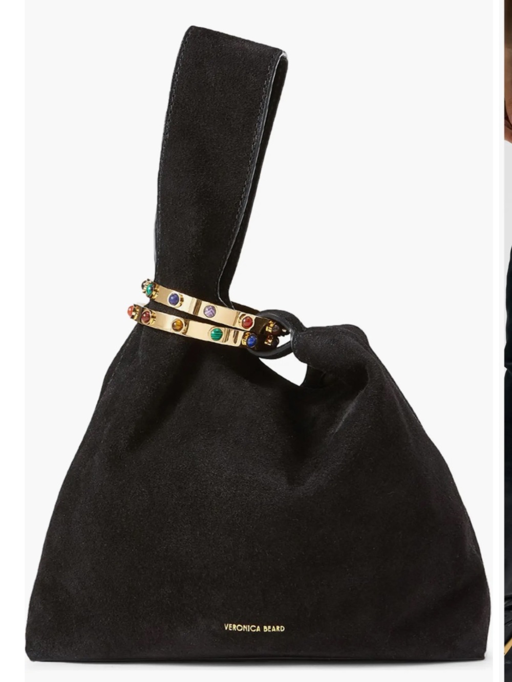 ISO Veronica Beard Black Suede Wristlet with Jeweled Gold Ring